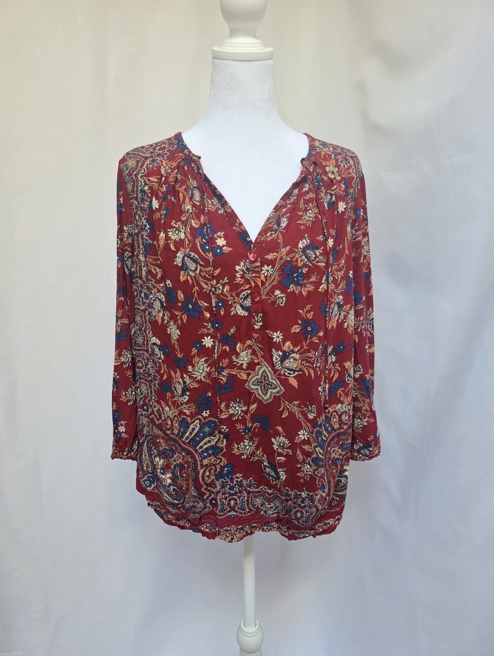 Lucky Brand XS Red Floral Paisley Boho Button Front Rayon Blouse